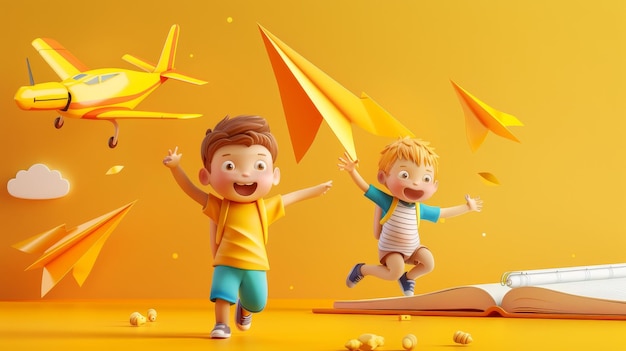 Школьный блокнот с маленькими людьми, летающими на желтых бумажных самолетах Карикатура школьников и самолетов