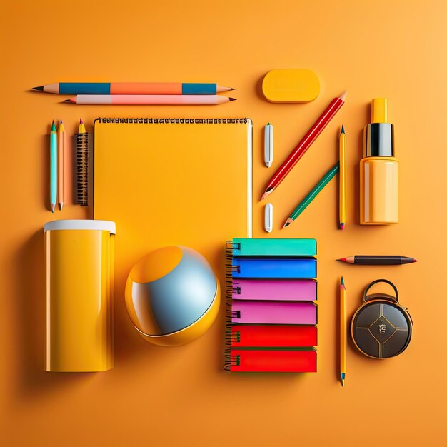 School notebook and supplies on yellow background back to school creative concept flat lay