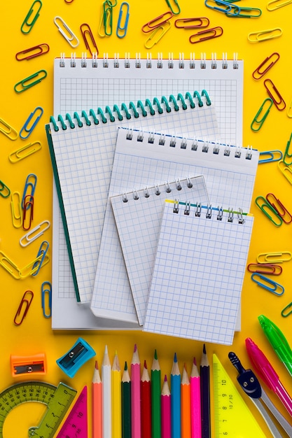 School notebook and various stationery. Concept Education.