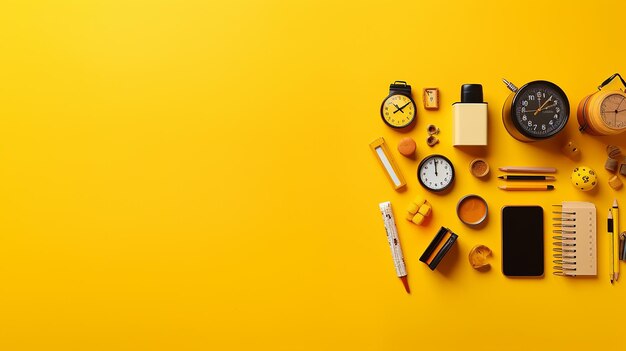 School objects on a yellow background view from above
