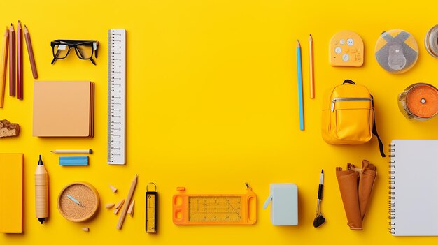 School objects on a yellow background view from above