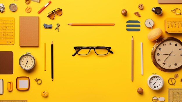 School objects on a yellow background view from above