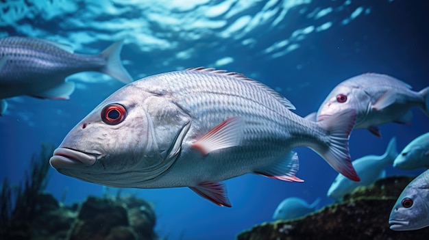 写真 水中 の スナッパー 魚 の 群れ