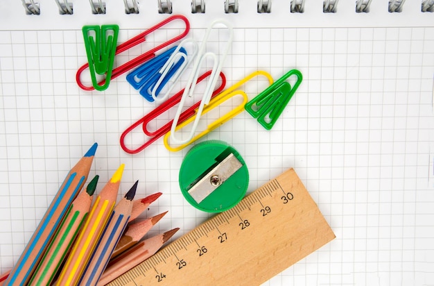 School and office equipment. Colorful stationery background.