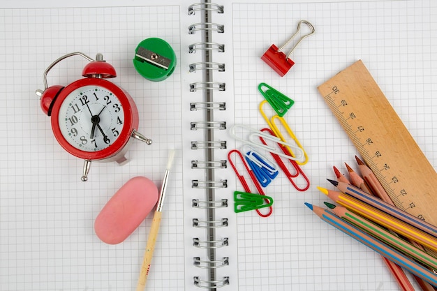 School and office equipment. Colorful stationery background.