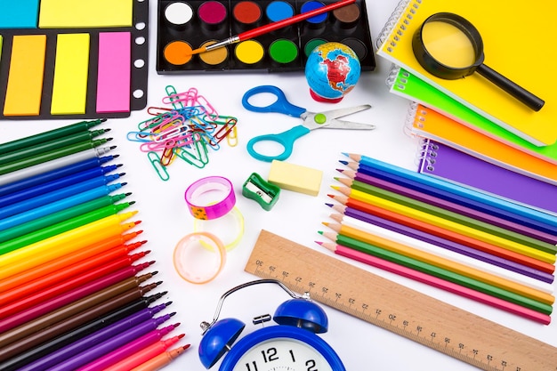 School and office equipment stationery on the background