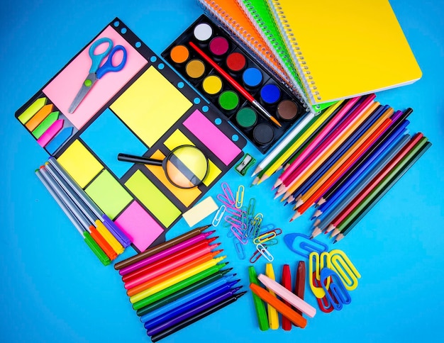 School and office equipment stationery on the background