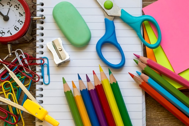 School and office equipment, stationery materials. Colorful stationery.