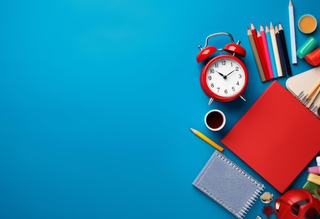 School and office supplies on blue background Back to school concept