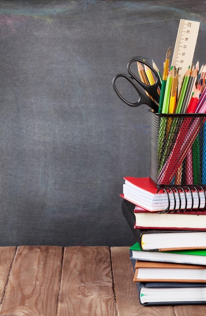 School and office supplies on classroom table