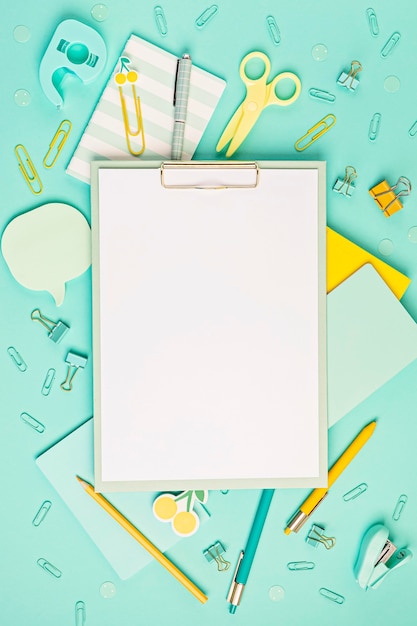 School and office supplies on pastel background