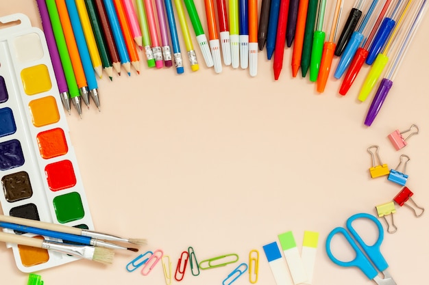 School and office supplies on table. 