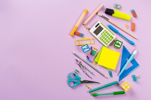 School and office supplies. Top view.