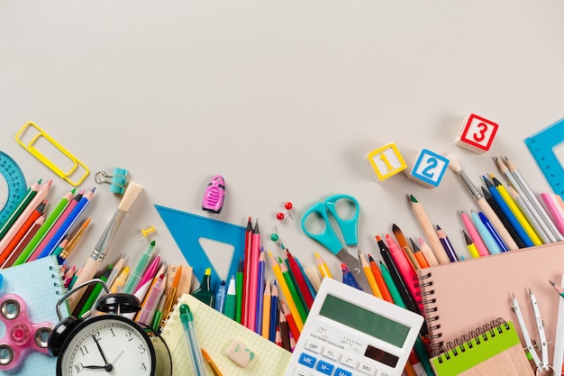 School and office supplies. Top view.