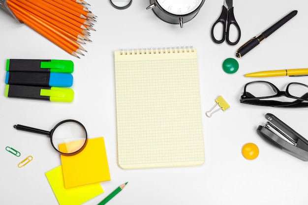 School and office supplies on white 