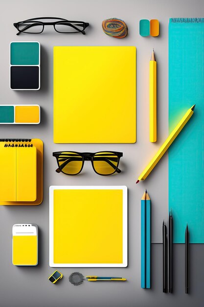 School or office workspace with yellow supplies on cyan background flat lay