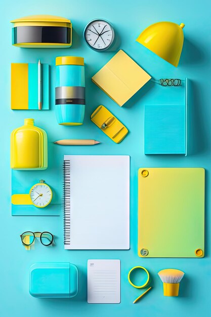 School or office workspace with yellow supplies on cyan background Flat lay