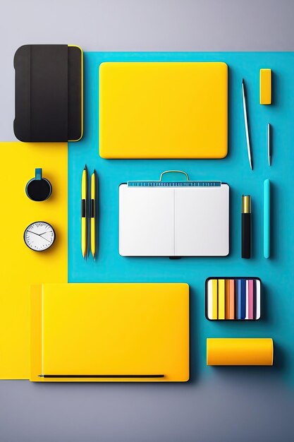 School or office workspace with yellow supplies on cyan background Flat lay