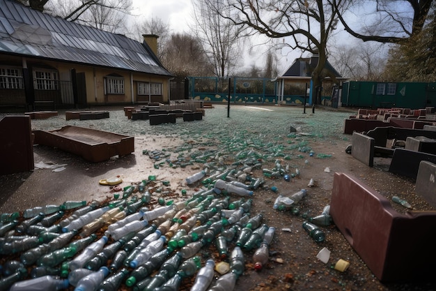 A school playground littered with broken bottles and wrappers