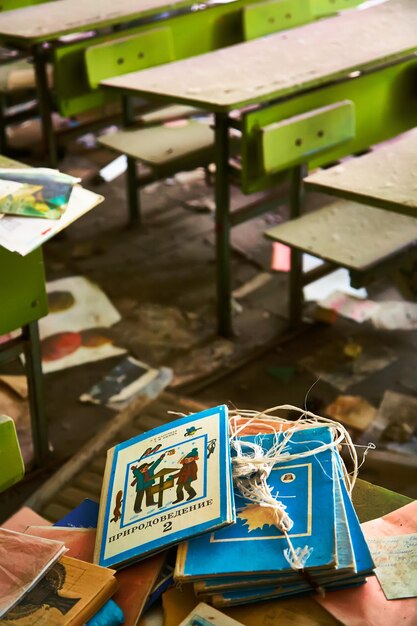 School premise in the city of pripyat in ukraine emptiness\
dampness exclusion zone nuclear danger ghost city pripyat lost\
place ukraine cccp chernobyl zone