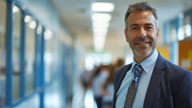 School principal in a bustling school corridor