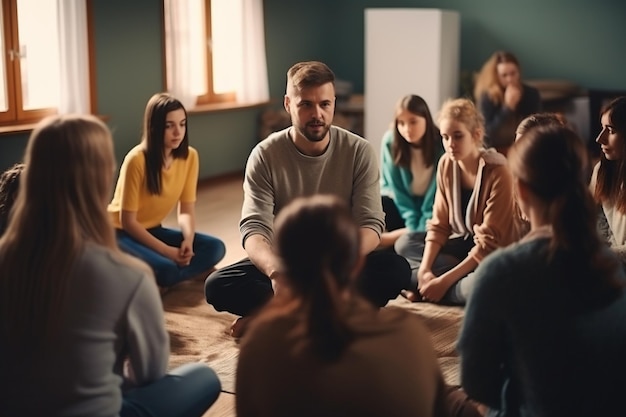 Школьный психолог с группой детей проводит урок психического здоровья групповой терапии