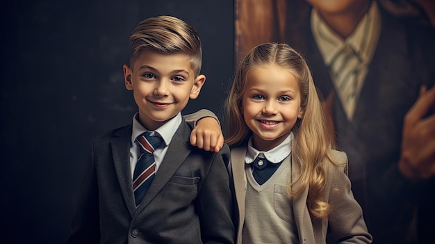 School pupil boy and girl standing in front of black board School children couple Generated AI