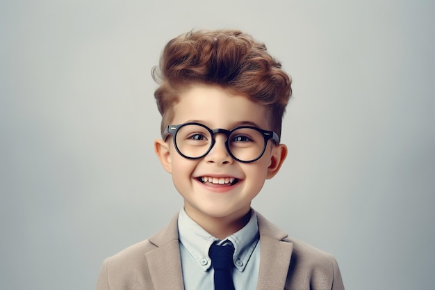 School pupil boy in glasses on background with copy space back to school concept