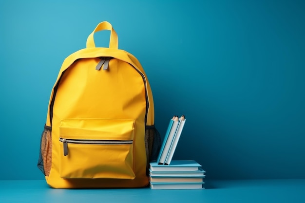 School rugzak met boeken op blauwe achtergrond kopieer ruimte Terug naar school concept