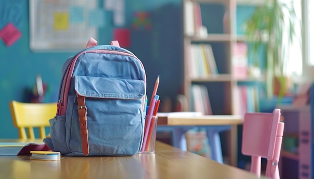 School rugzak met briefpapier op tafel in de klas