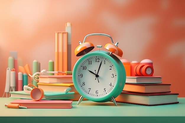 학교의 시간 시계 책과 학교 용품 생성 AI