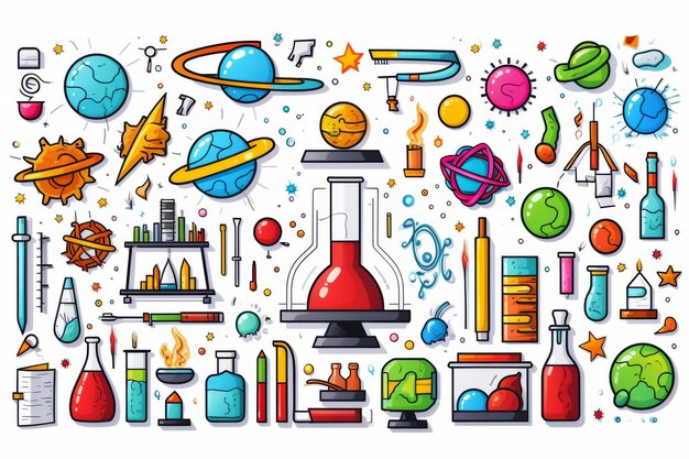 School and Science education elements doodle sketch outline illustration on white background