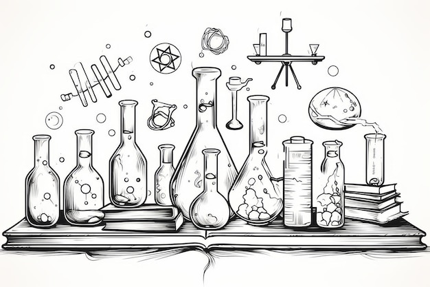 Photo school and science education elements doodle sketch outline illustration on white background