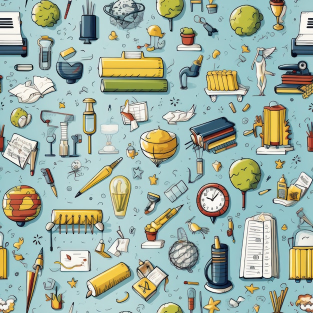 Photo school seamless pattern with school supplies learning symbols stationery and creative elements