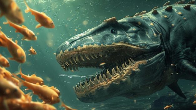 A school of small fish ter in fear as an enormous liopleurodon with multiple rows of sharp teeth