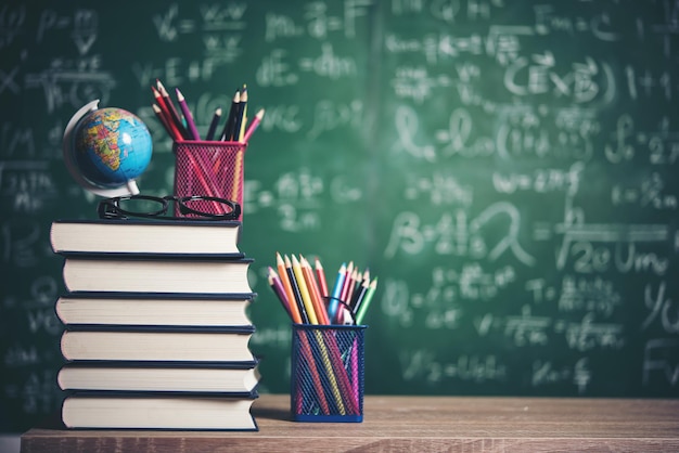 school stationary on wooden table