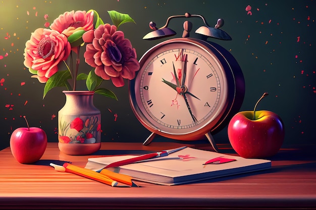 School stationery apple flowers and clock on table in classroom Teacher39s Day celebration