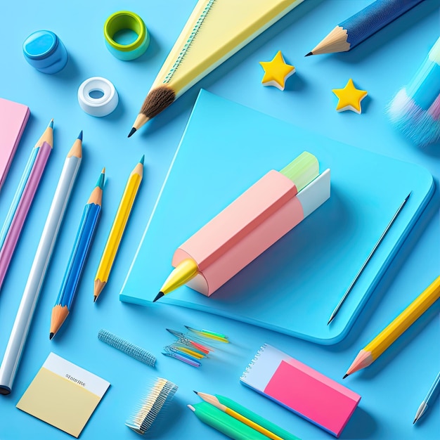 School stationery on a blue background Back to school creative flat lay template