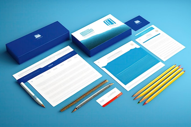 School stationery on a blue background Creative template