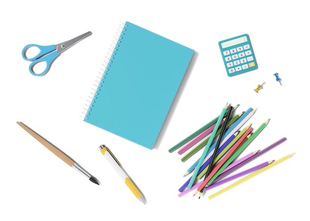 Школьные канцелярские принадлежности, изолированные на белом фоне Школьные принадлежности с вырезанными тенями Вид сверху на плоскую планировку Ручка, карандаши, калькулятор, ножницы, кисть для ноутбука, 3D рендеринг