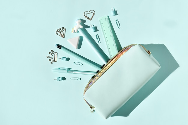 School stationery in a pencil case on a light blue surface