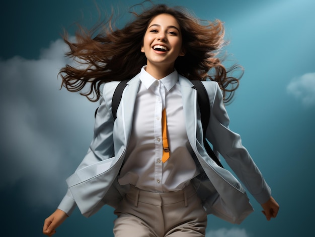 Foto una studentessa con uno zaino in uniforme da scuola che salta
