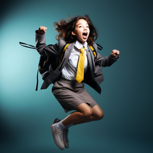 Foto una studentessa con uno zaino in uniforme da scuola che salta