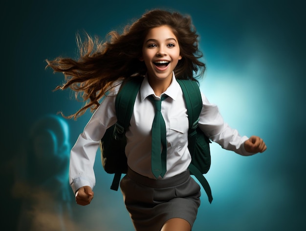 Foto una studentessa con uno zaino in uniforme da scuola che salta