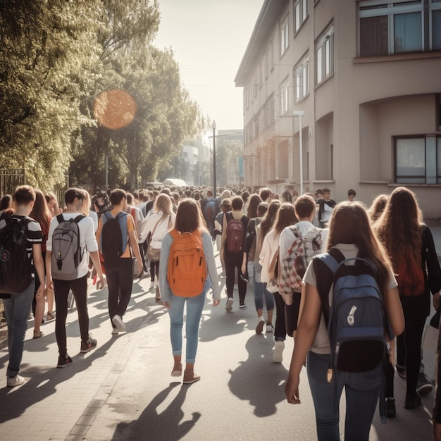 school students leave school after class in the daytime