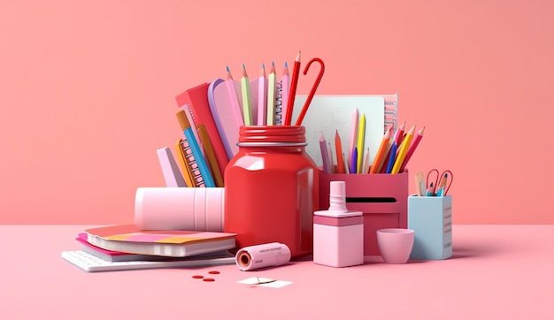 School stuffs on pink background