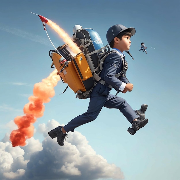 a school suit flies on a jetpack