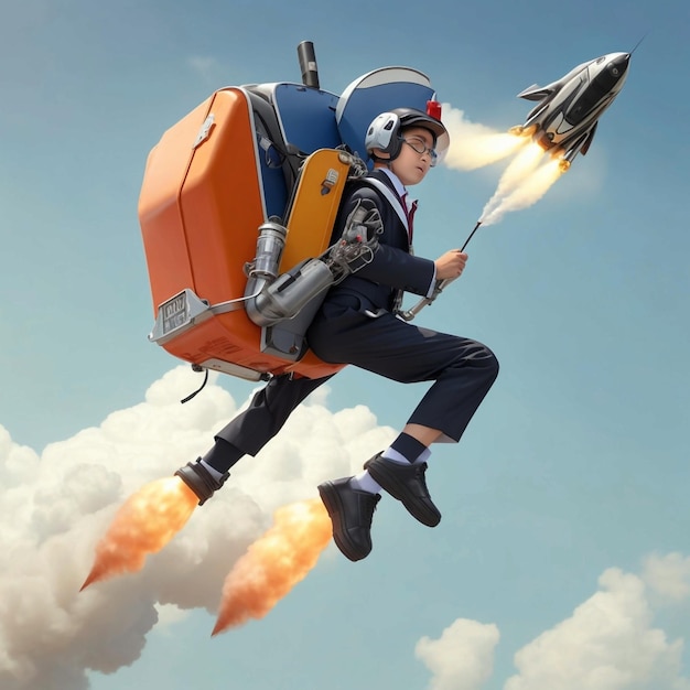 a school suit flies on a jetpack