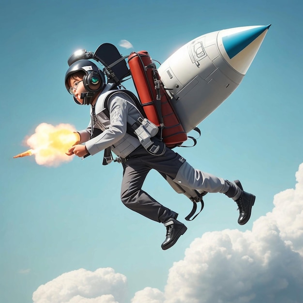 a school suit flies on a jetpack