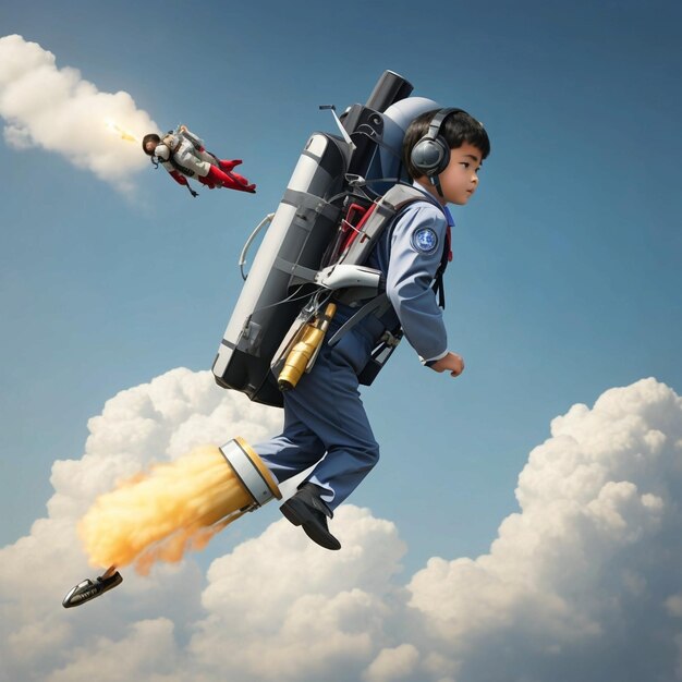 a school suit flies on a jetpack